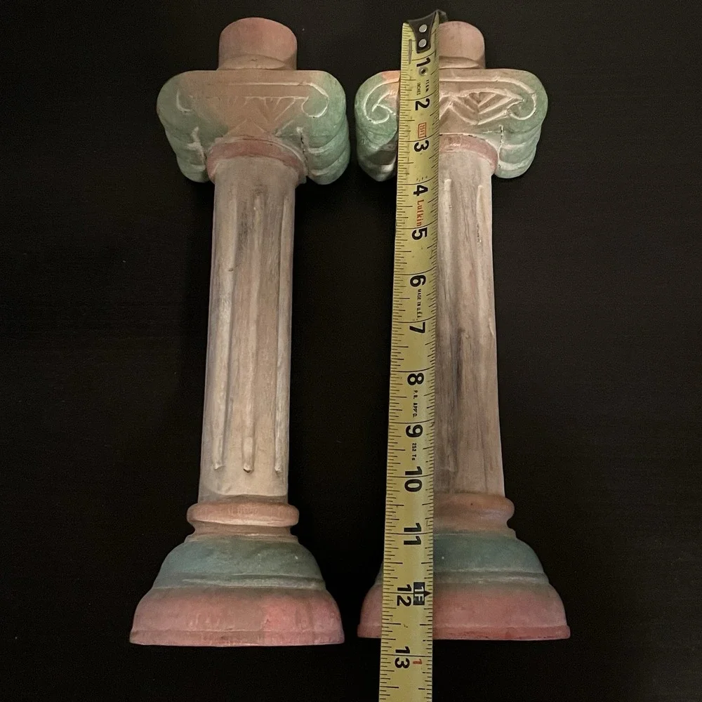 Pier 1 Aztec‎ Pillar Candlesticks Set Southwest Wooden Carved Pastel Decor